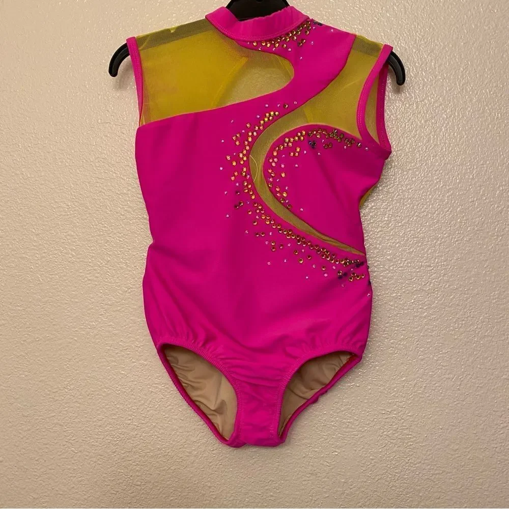 LA dance custom Solo neon pink yellow mesh cutout leotard illusion bling XSA
